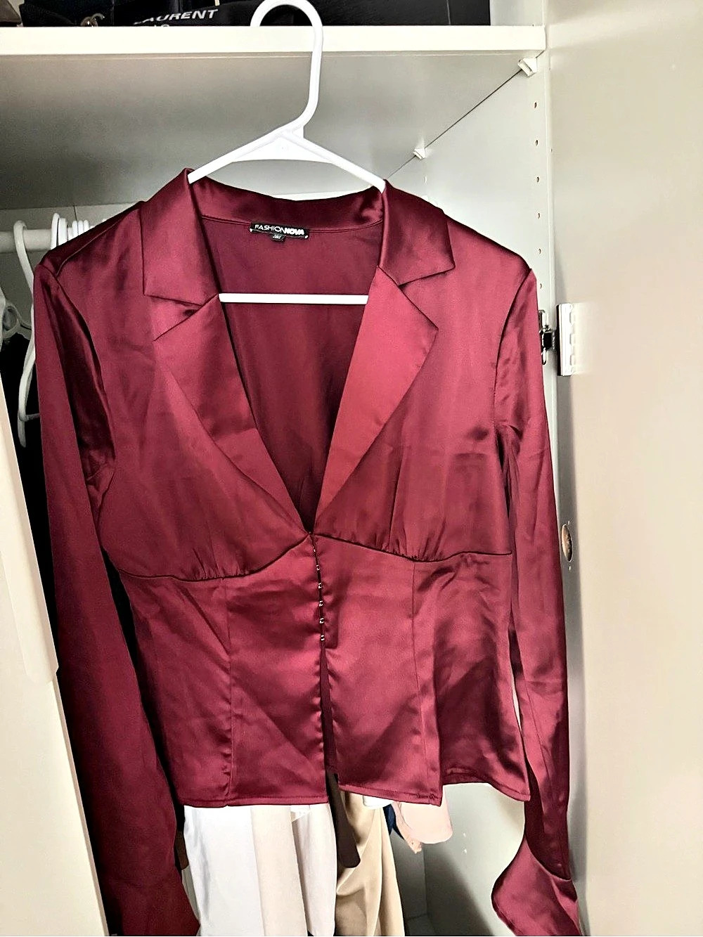 Fashion Nova Satin-Look Long Sleeve Blouse in Burgundy